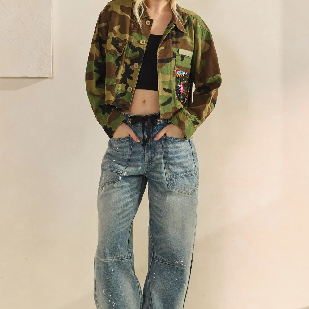 new VEVERET CAMOUFLAGE denim jacket sequin floral back SM-3X embellished camo - Picture 6 of 7